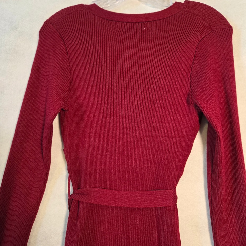Grace Karin Sweater Dress Womens Medium Burgundy Ribbed Knit Wrap V-Neck Core - Picture 6 of 8